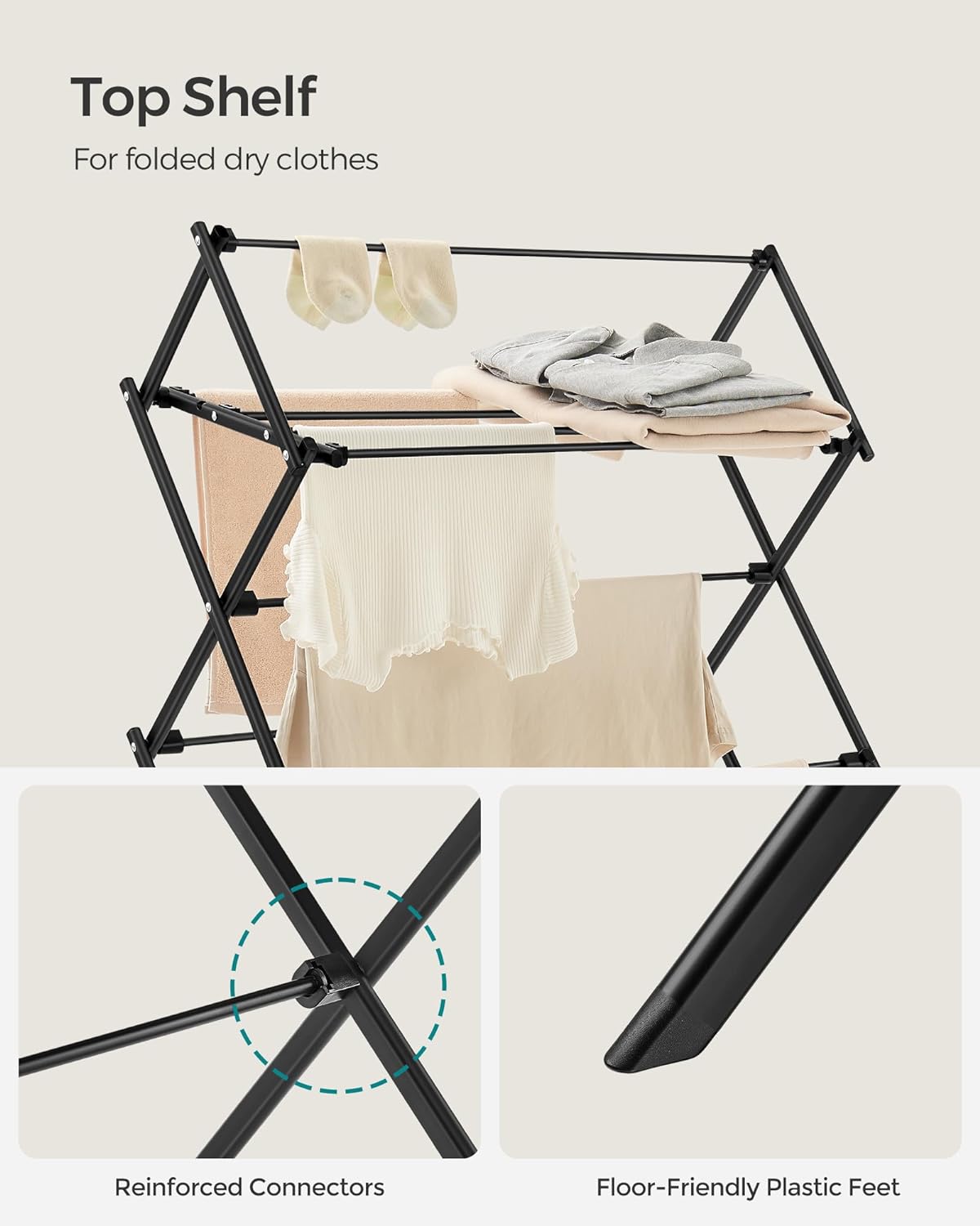 Foldable Clothes Airer, Clothes Drying Rack, Laundry Rack, Steel Frame, 37 x 75 x 135.1 cm