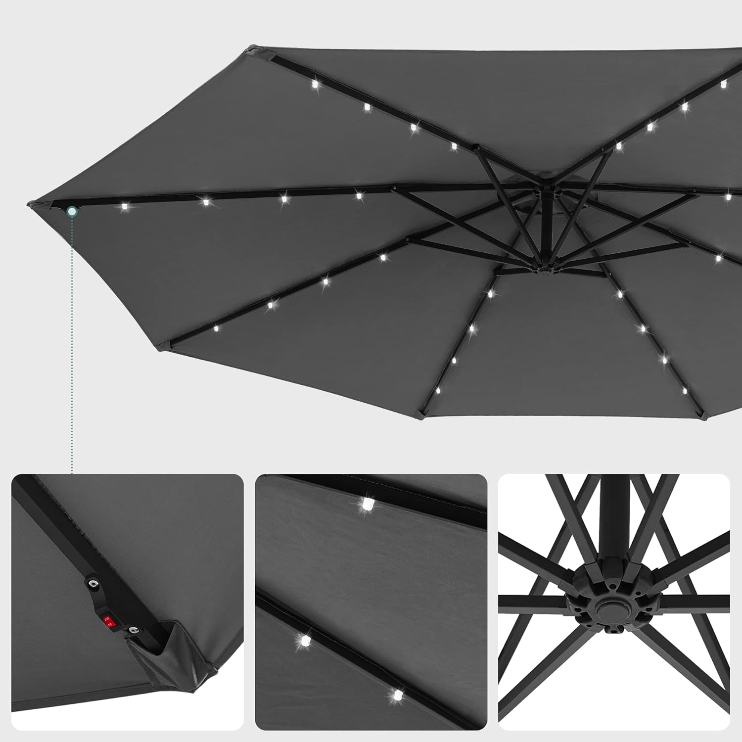 Cantilever Garden Parasol with Solar-Powered LED Lights, 3 m Banana Patio Umbrella with Base