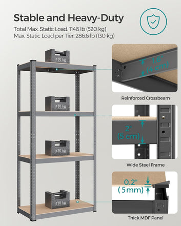 4-Tier Shelving Unit, Steel Shelving Unit for Storage, Boltless Assembly, for Garage, Shed, Load Capacity 520 kg