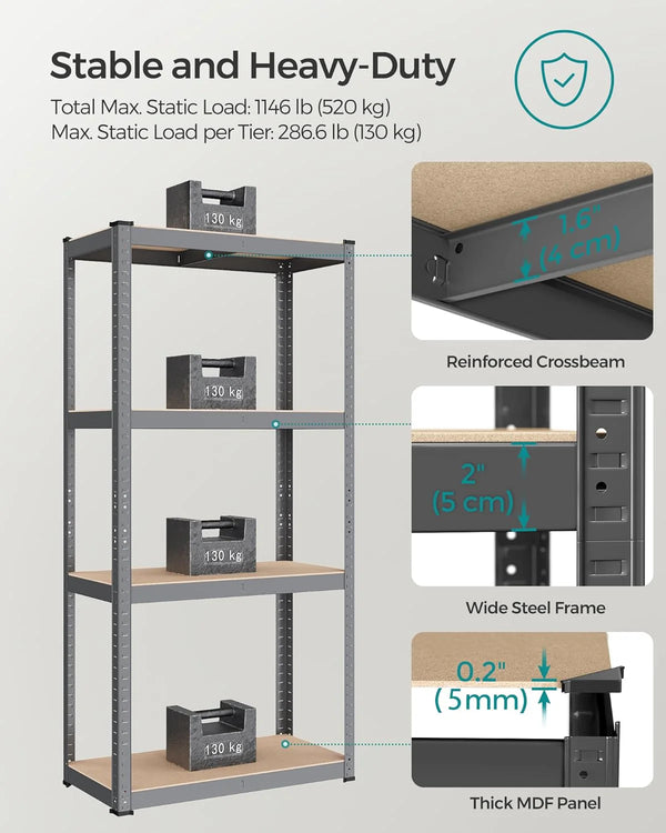 Heavy-Duty Storage Shelving - Steel Frame with 4 Adjustable Shelves (40x80x160cm) - Karrari