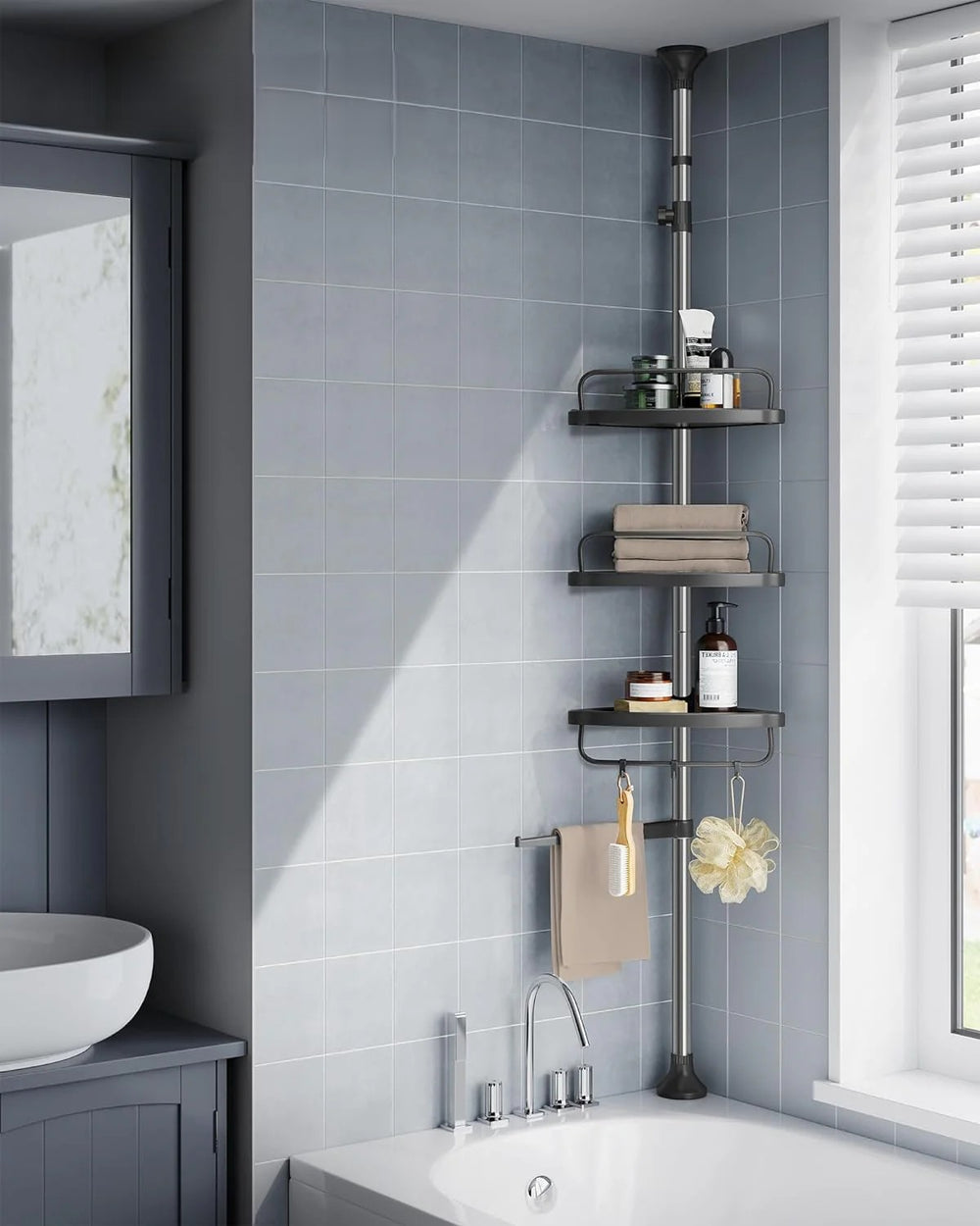 Adjustable Corner Shower Rack - Shelves & Hooks - Karrari