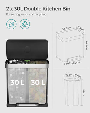 Stainless Steel Pedal Bin (2×30L) - Soft-Close Lid