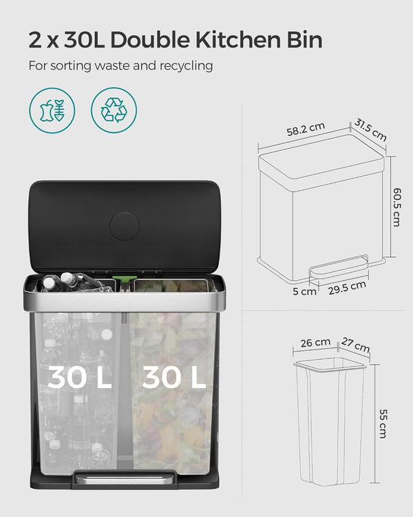 Stainless Steel Pedal Bin (2×30L) - Soft-Close Lid