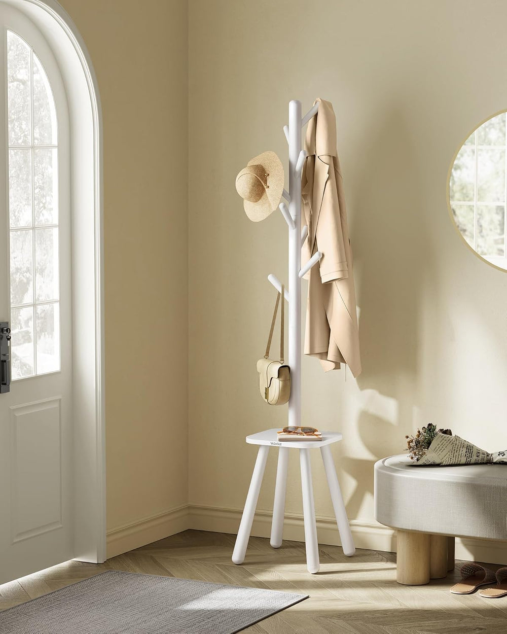 Freestanding Coat Rack with 8 Hooks & Shelf