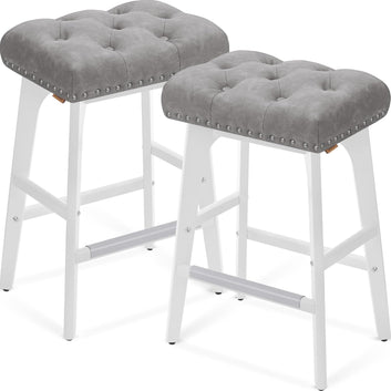 Bar Stools Set of 2 Kitchen Chairs Faux Leather Decorative Buttons and Rivets Solid Wood