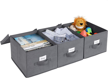 Set of 3 Foldable Storage Boxes with Lids, Fabric Cubes with Label Holders, Storage Bins Organiser