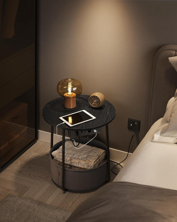 Round Side Table with Charging Station & Basket
