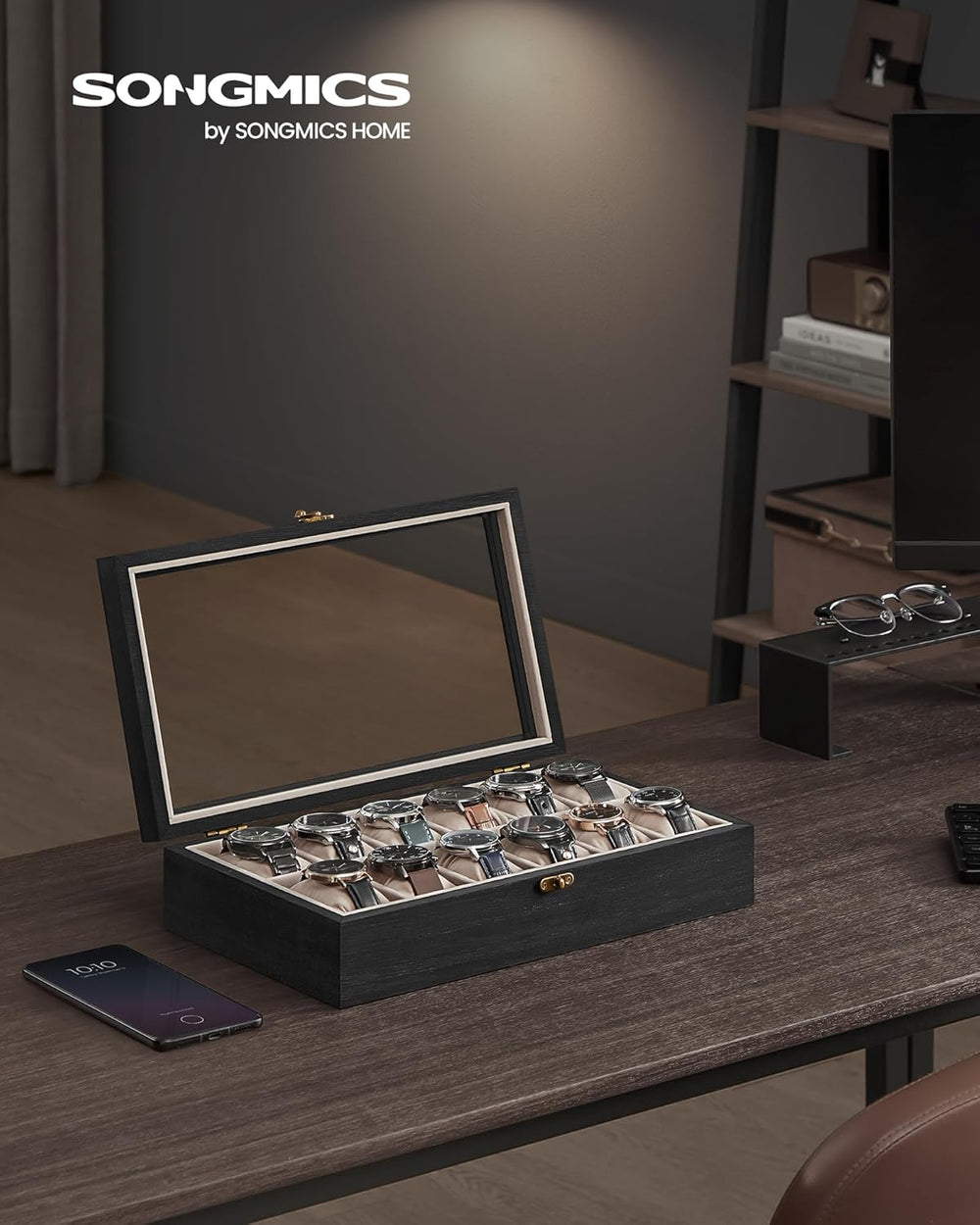12-Slot Watch Box with Glass Lid & Velvet Lining - Karrari