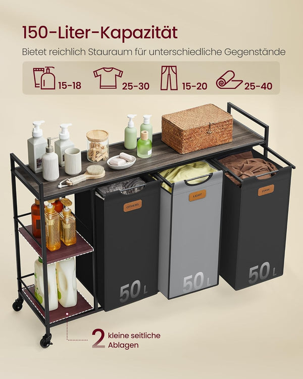 Laundry Basket 3 Compartments 150 L with Shelves Wheels