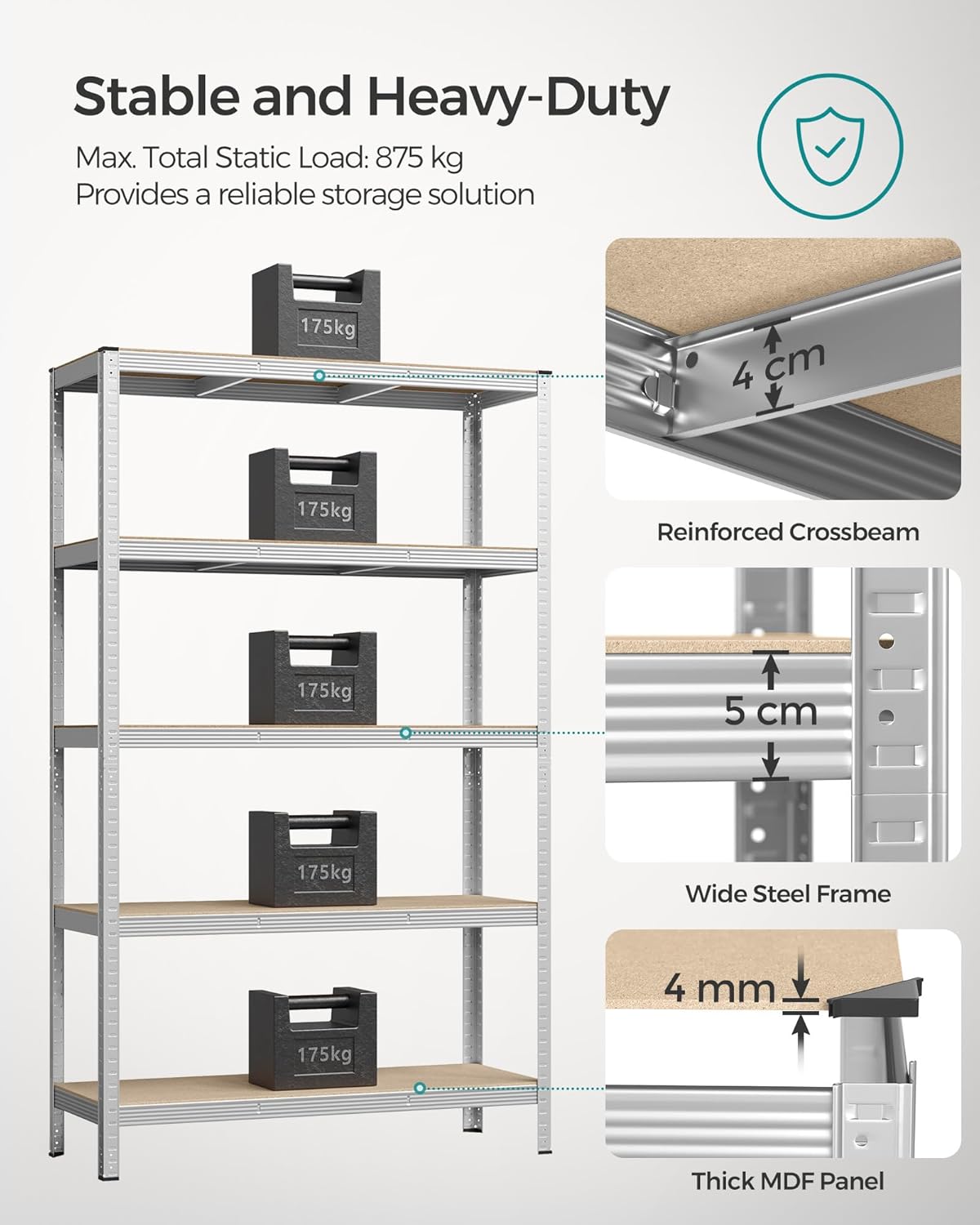 5-Tier Shelving Unit, Steel Shelving Unit for Storage, Tool-Free Assembly, for Garage, Shed, Load Capacity 875 kg, (60 x 120 x 200 cm)