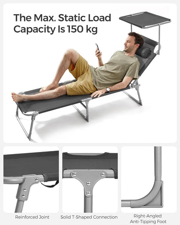 Sun Lounger, Deck Chair Folding, Sunbed, 193 x 53 x 29 cm, Max. Load 150 kg, with Sunshade Headrest Adjustable Backrest
