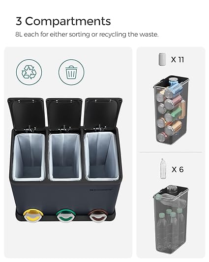 3-Compartment Metal Pedal Bin 3×8L (Recycling) - Karrari