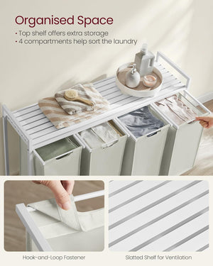 Laundry Hamper - 4 Sections, Shelf & Removable Bags