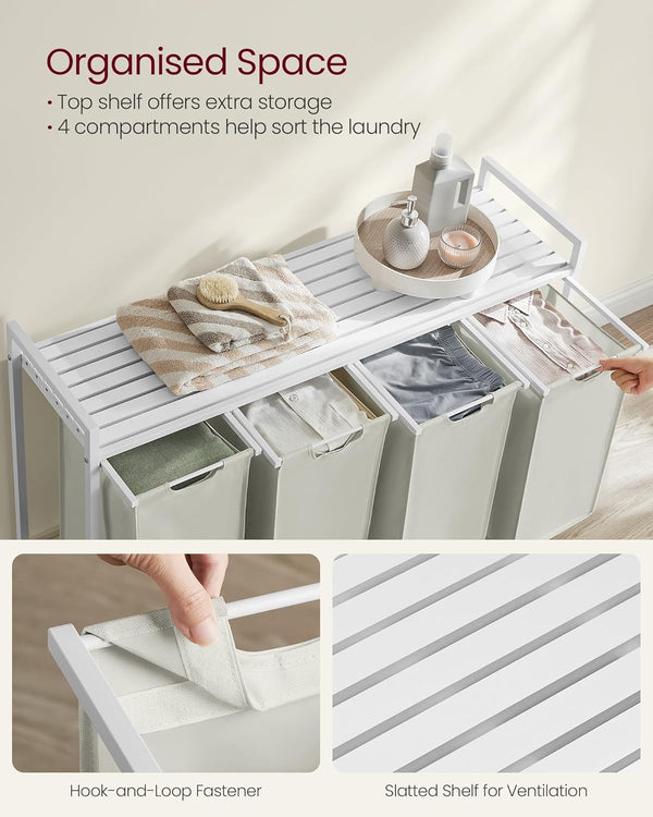 Laundry Hamper - 4 Sections, Shelf & Removable Bags