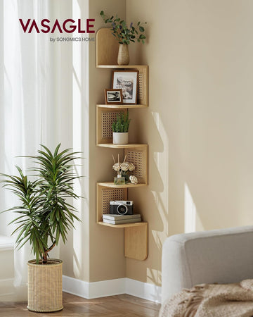 Corner Shelf, 5-Tier Corner Floating Wall Shelf, Wall Mounted Zigzag Corner Shelf Unit