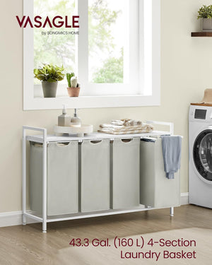 Laundry Hamper - 4 Sections, Shelf & Removable Bags