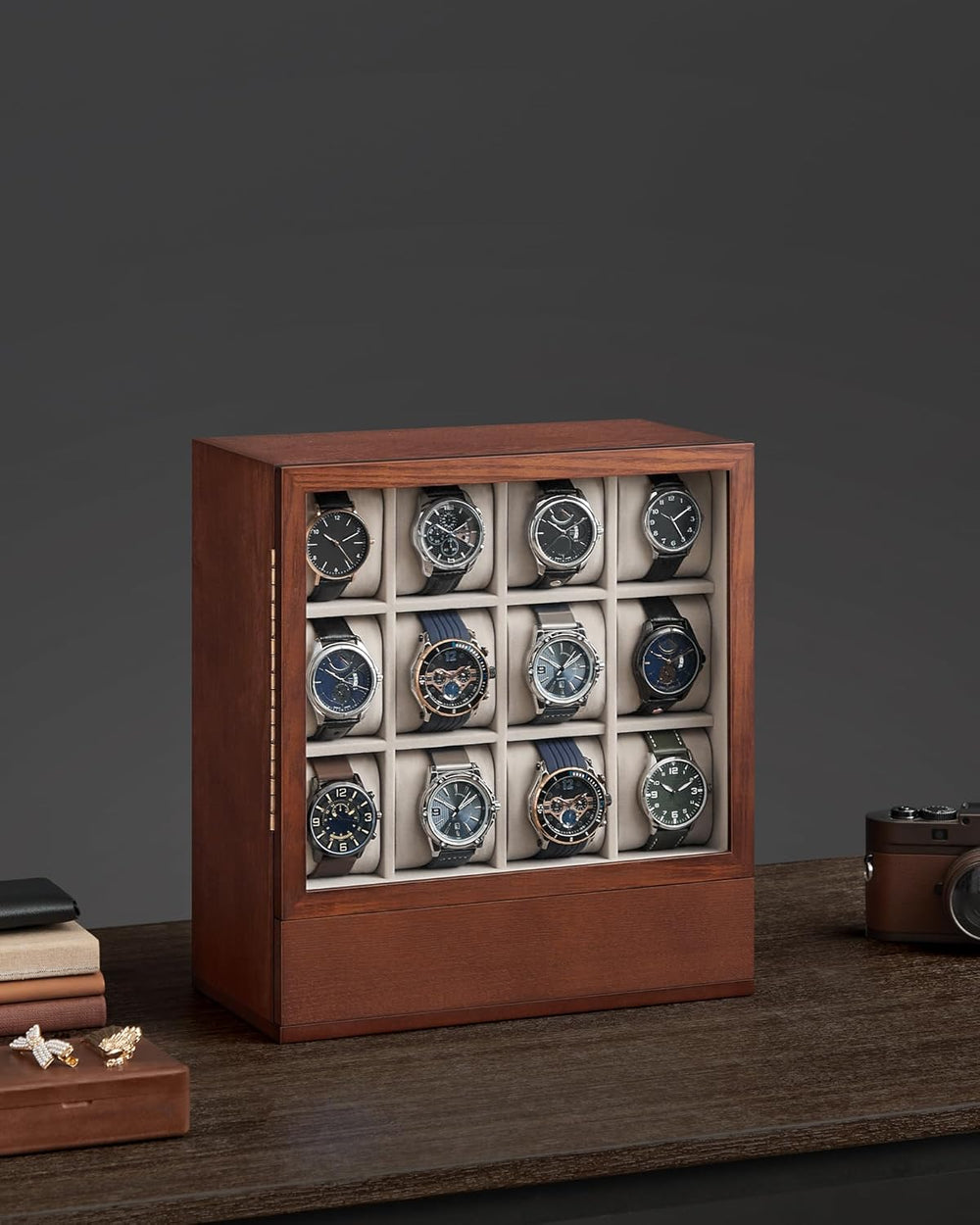 12-Slot Wooden Watch Box with Window - Vertical Storage - Karrari