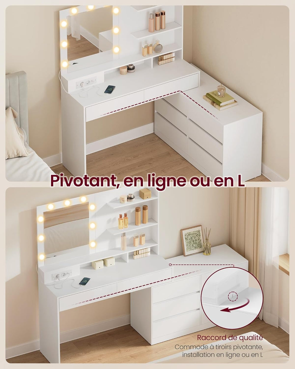 Vanity Table with LED Mirror, 8 Drawers & Shelves