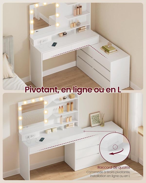 Vanity Table with LED Mirror, 8 Drawers & Shelves