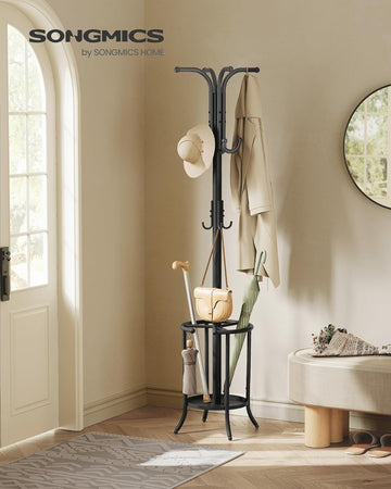 Coat Rack Freestanding, Coat Stand with Umbrella Holder, 12 Hooks, Metal, 175 cm Tall