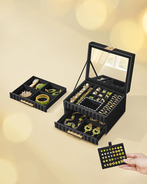 Elegant 3-Tier PU Leather Jewellery Box with Mirror
