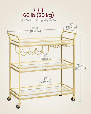 Gold Bar Cart with 3-Tier Mirrored Shelves