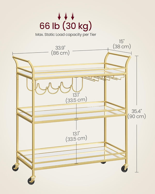 Gold Bar Cart with 3-Tier Mirrored Shelves