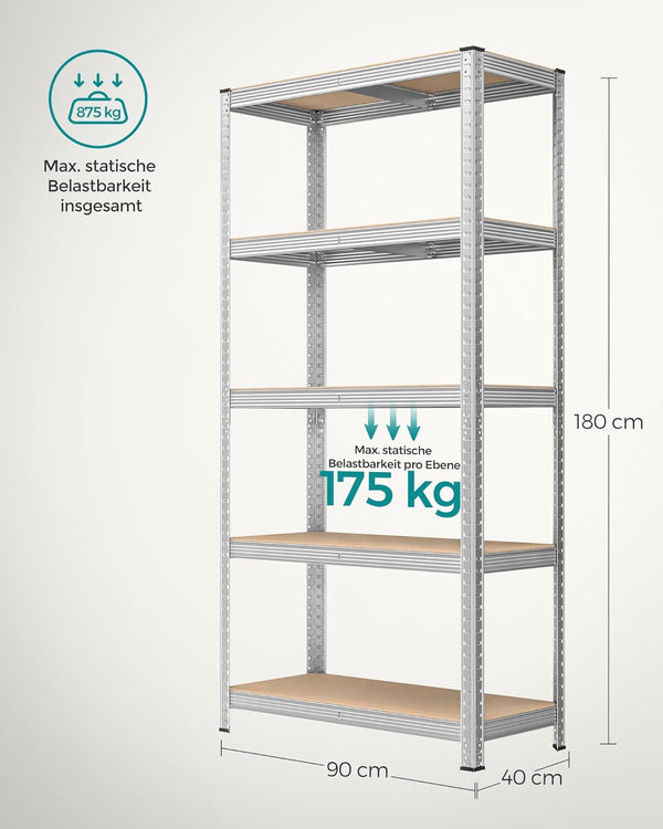 5-Tier Industrial Storage Shelf - Adjustable Boards (40x90x180cm) - Karrari