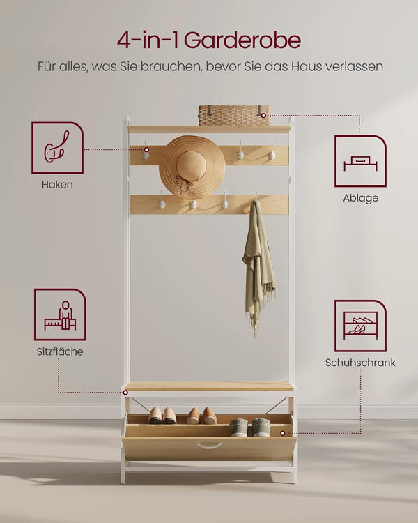 Hall Tree with Bench, Shoe Storage & 9 Hooks - Karrari