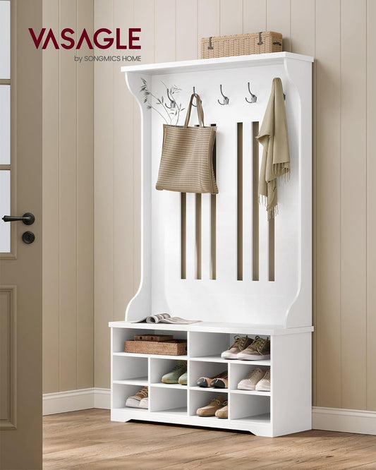 Hallway Cabinet, Cloakroom, Coat Rack with Bench, Shoe Storage, White