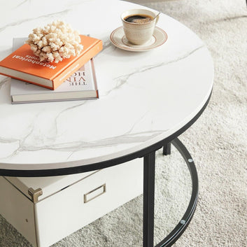 Coffee Table, Living Room Table, Sofa Cocktail Table Faux Marble Round, Tempered Glass Storage Shelf