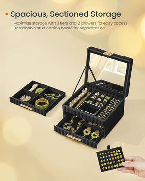 Elegant 3-Tier PU Leather Jewellery Box with Mirror