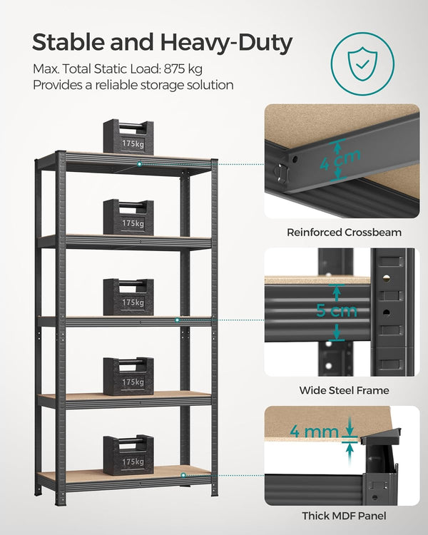 5-Tier Steel Shelving Unit - Heavy-Duty Garage Storage Rack (40x90x180cm) - Karrari