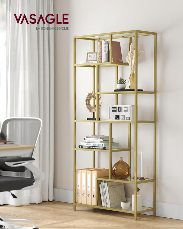 Tall 6-Tier Display Shelf – Glass Bookcase, Gold Finish - Karrari