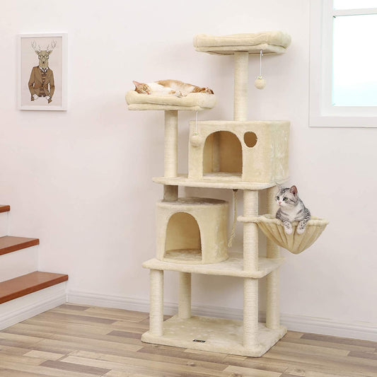 Scratching Post Cat Tree with Baskets and 2 Kennels, Beige