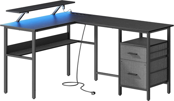 L-Shaped Desk with Sockets, Monitor Stand & LED Lights - Karrari