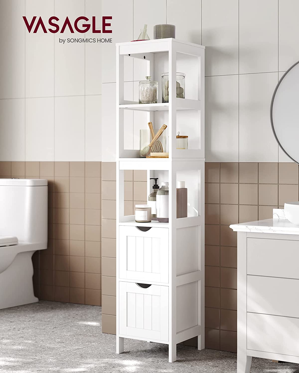 Tall Bathroom Cabinet, Bathroom Cabinet with 2 Drawers and 3 Open Compartments