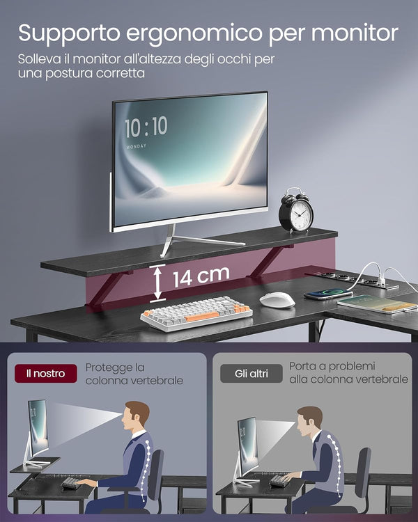 L-Shaped Desk with Sockets, Monitor Stand & LED Lights - Karrari
