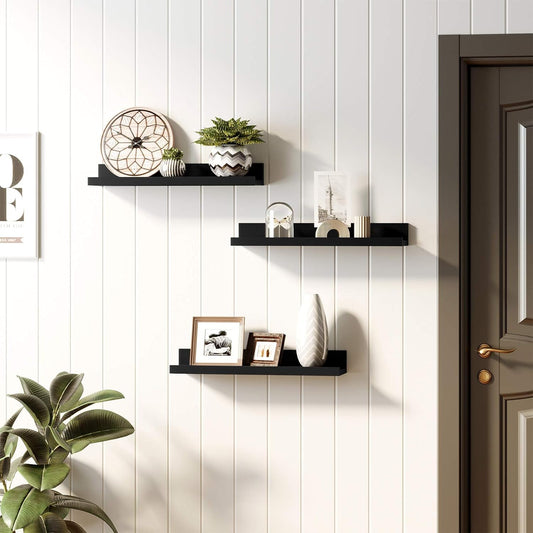 Floating Shelves, Set of 3 Wooden Wall Shelves Constructed Surface, Shiny Finish, Length 38 cm, With Front Edge, Pots, Spices