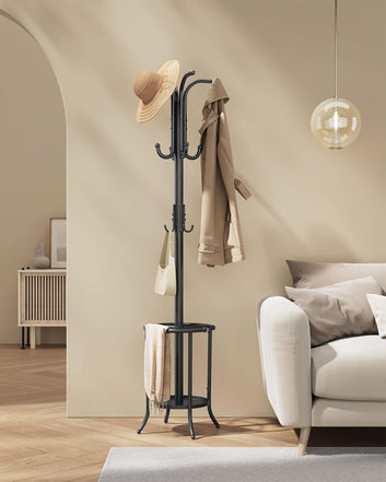 Coat Rack Freestanding, Coat Stand with Umbrella Holder, 12 Hooks, Metal, 175 cm Tall