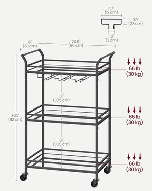 Black Bar Cart with 3-Tier Mirrored Shelves