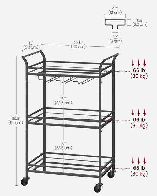 Black Bar Cart with 3-Tier Mirrored Shelves - Karrari