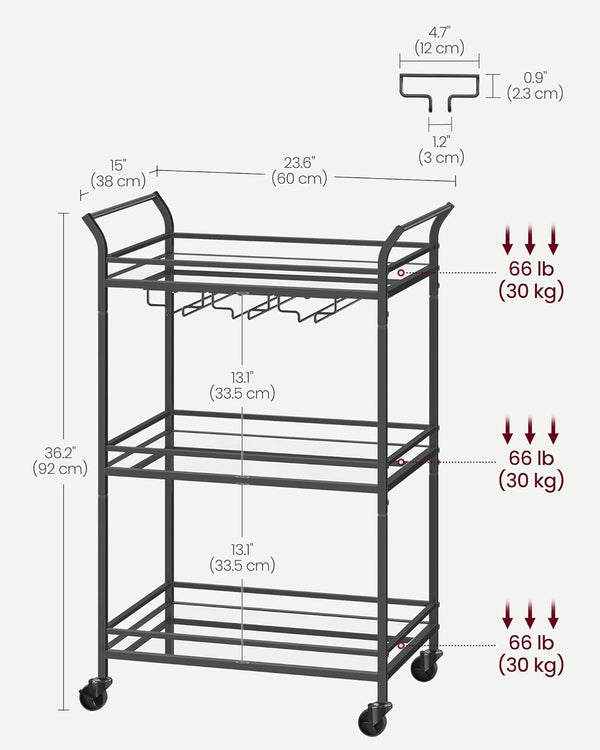 Black Bar Cart with 3-Tier Mirrored Shelves