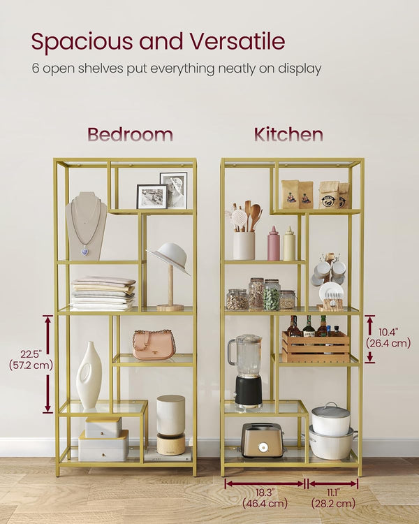 Tall 6-Tier Display Shelf – Glass Bookcase, Gold Finish - Karrari