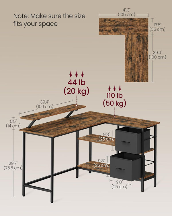 L-Shaped Desk with 2 Drawers & Monitor Stand - Karrari