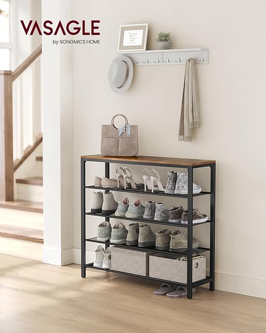 Shoe Rack, Shoe Storage Organiser with 4 Mesh Shelves and Large Surface for Bags, Shoe Shelf for Entryway