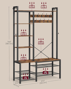 Hall Tree with Bench, Shoe Storage & Hooks - Karrari