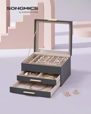 3-Layer Jewellery Box with Glass Lid & 2 Drawers