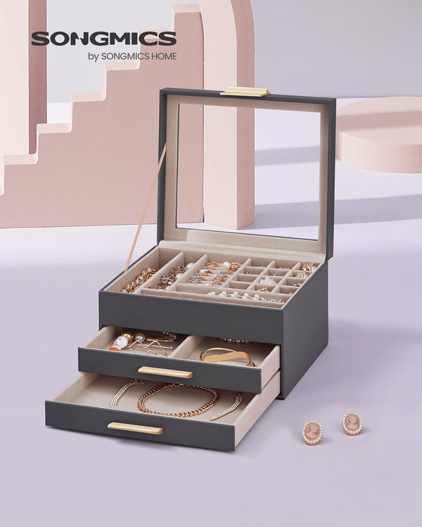 3-Layer Jewellery Box with Glass Lid & 2 Drawers