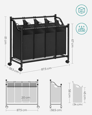 Rolling Laundry Sorter - 4 Removable Bags (4×35L) - Karrari